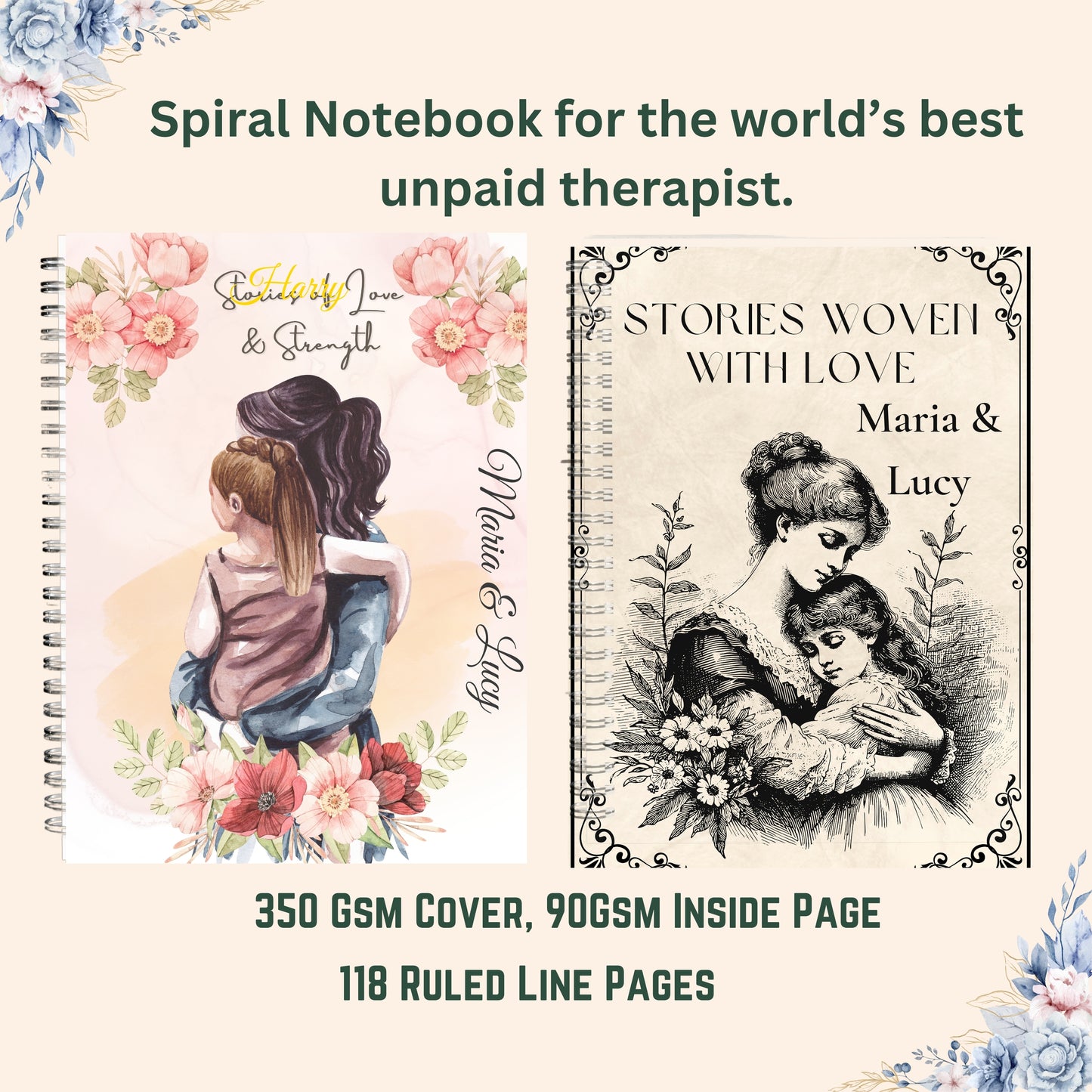 Personalized Spiral Notebook, Custom Name Journal, Floral Diary, Gratitude Journal, Personalized Gift for For Mom Mothers Day Birthday