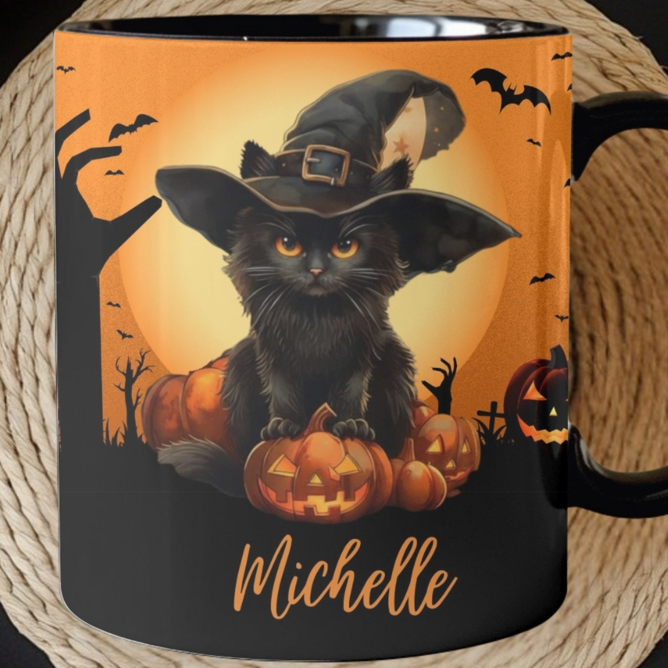 Personalized Black Cat Halloween Mug: Spooky Autumn Gift
