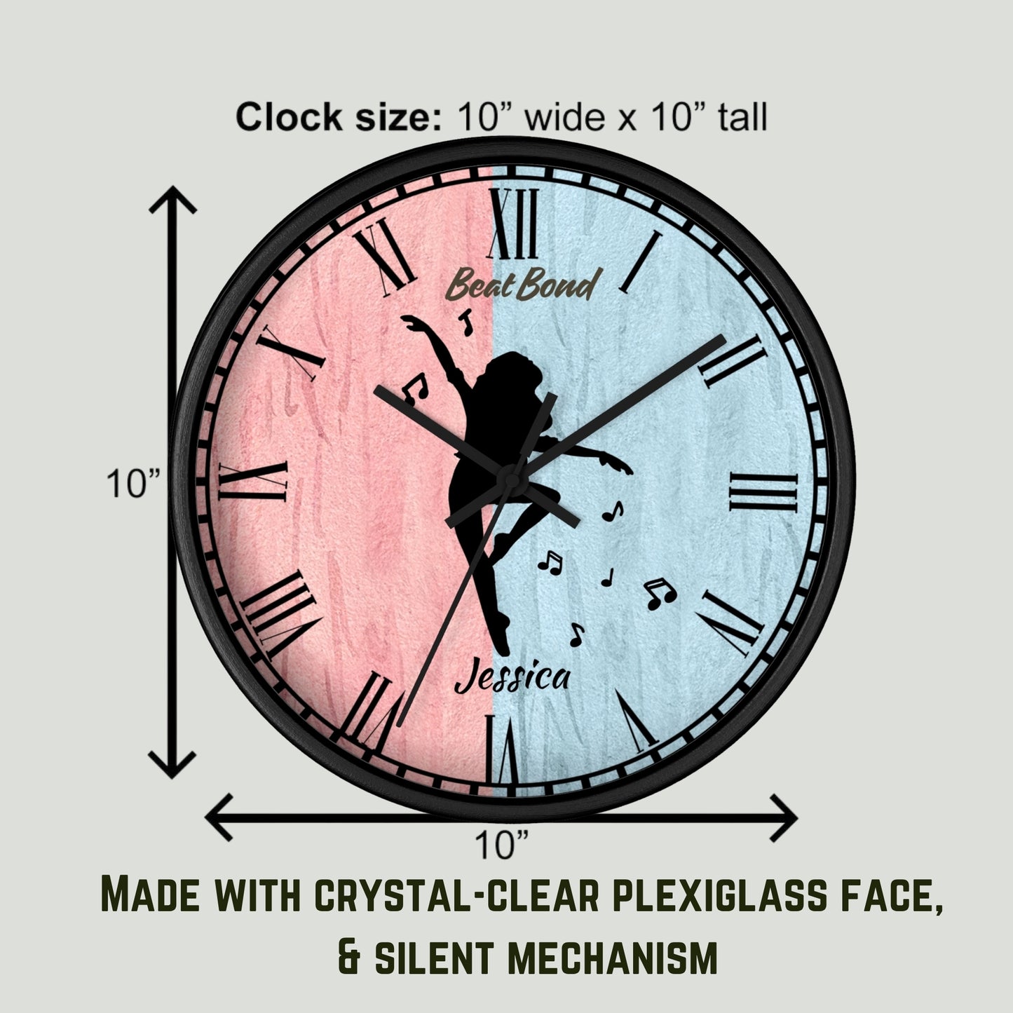 Personalized Dance Wall Clock – Custom Name Wooden Clock with Ballerina Silhouette, Roman Numerals – Gift for Daughter, Dancer, Birthday