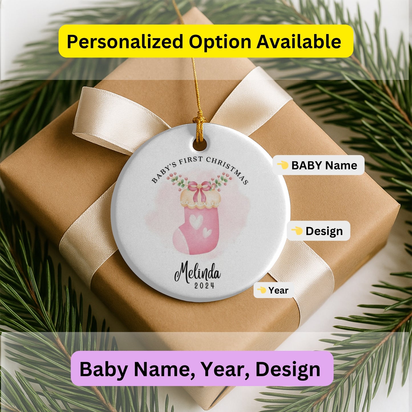 Personalized Baby’s First Christmas Ornament 2025, Custom Ceramic Ornament with Name, Cute Baby Sock Design, Newborn Keepsake Holiday Gifts