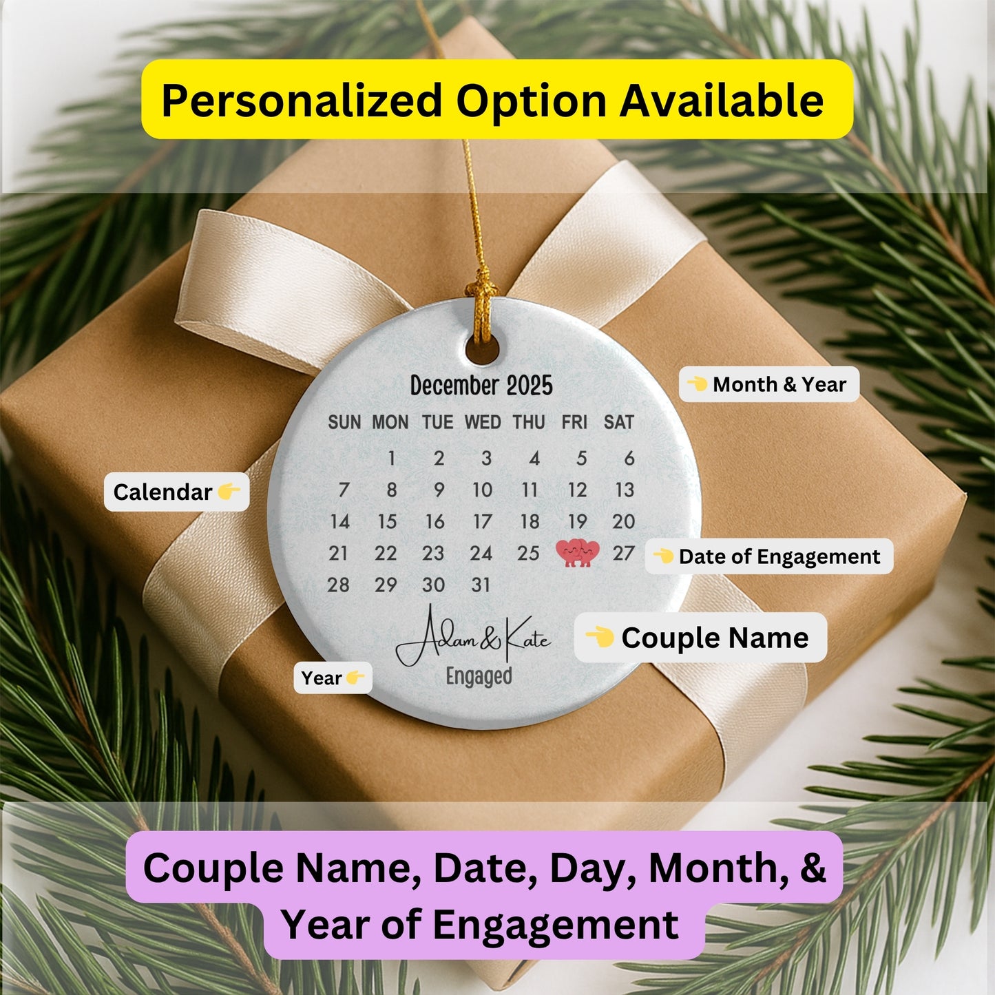 Engagement Day Keepsake Ornament Engagement Announcement Personalized Calendar with Names Engaged Couple Ceramic Ornament Gift for Daughter.