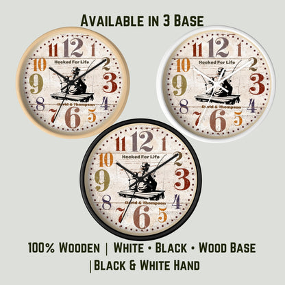 Personalized Father Son Fishing Wall Clock – Rustic Wooden Clock, Hooked for Life Gift, Custom Names, Dad & Son Keepsake, Father’s Day Gift