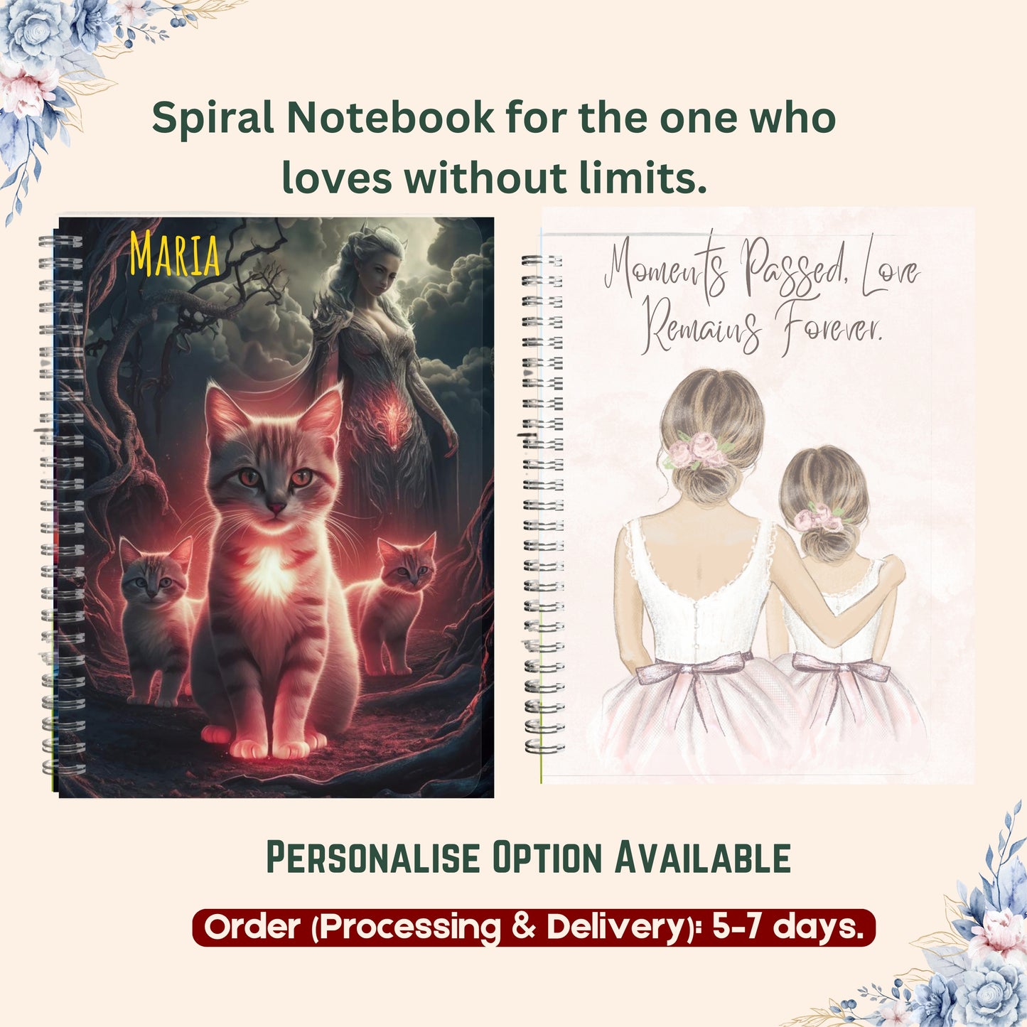 Personalized Spiral Notebook, Custom Name Journal, Floral Diary, Gratitude Journal, Personalized Gift for For Mom Mothers Day Birthday