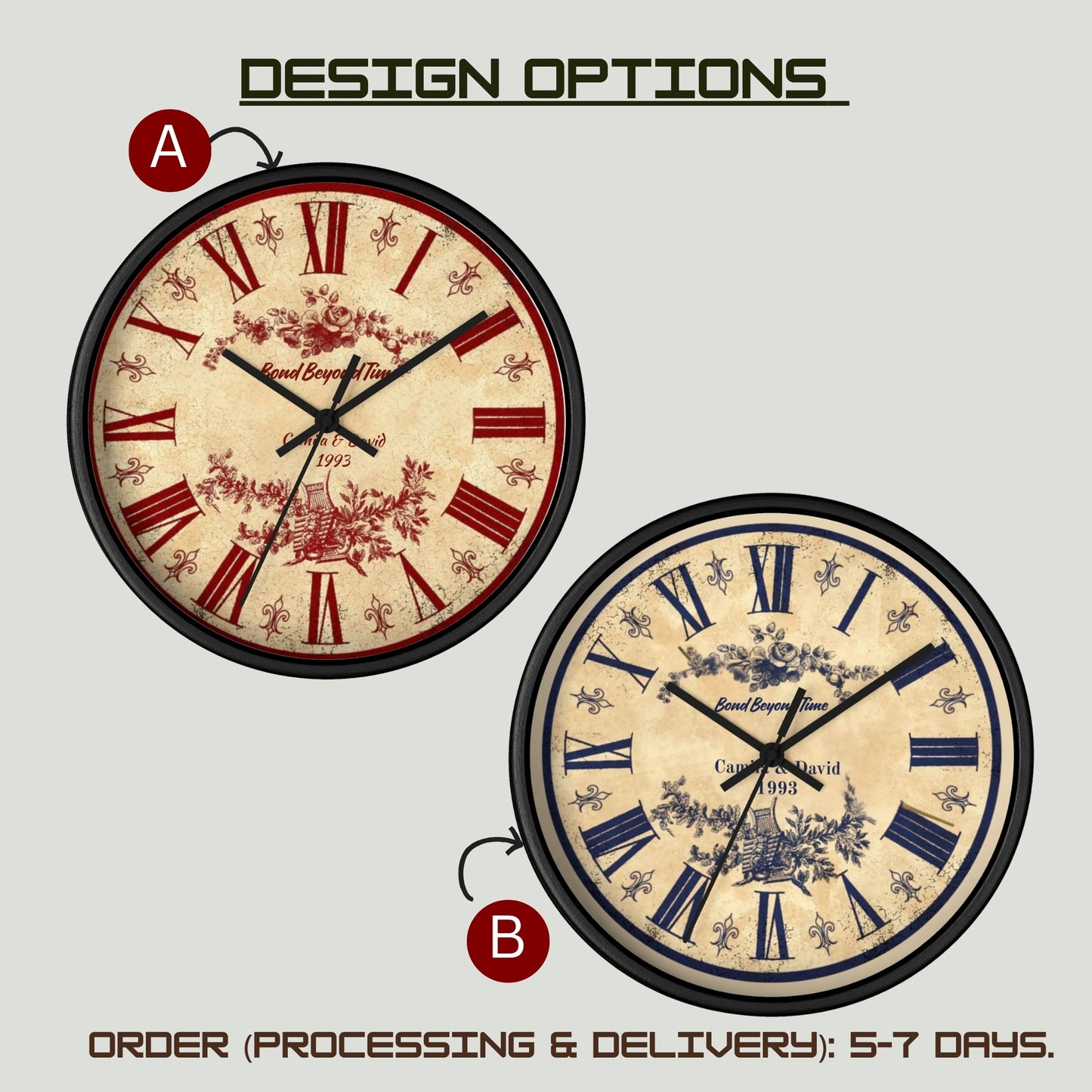 Personalized Vintage Wall Clock – Custom Name & Year Wooden Clock with Roman Numerals Floral Design – Unique Wedding or Anniversary Gift