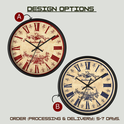 Personalized Vintage Wall Clock – Custom Name & Year Wooden Clock with Roman Numerals Floral Design – Unique Wedding or Anniversary Gift