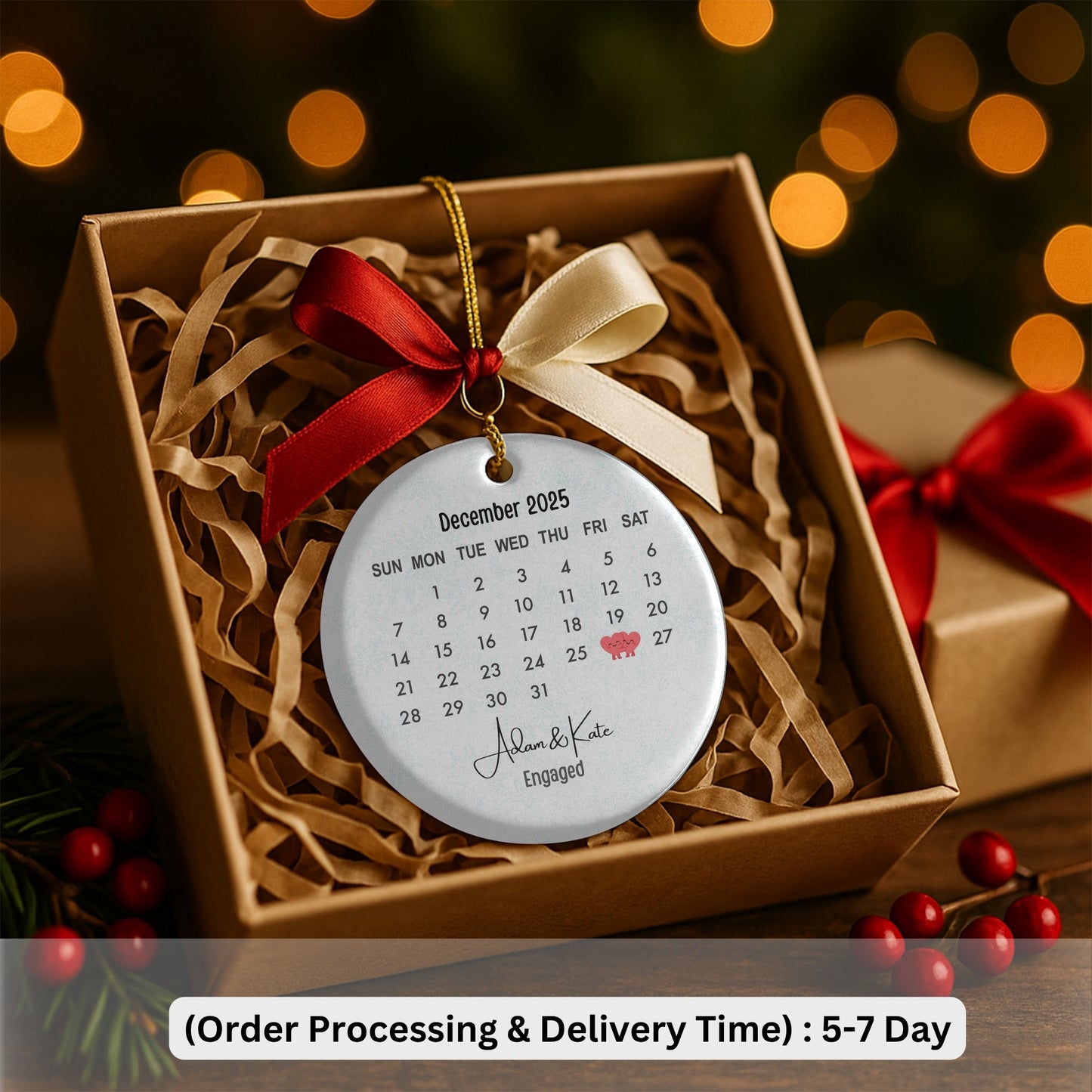 Engagement Day Keepsake Ornament Engagement Announcement Personalized Calendar with Names Engaged Couple Ceramic Ornament Gift for Daughter.