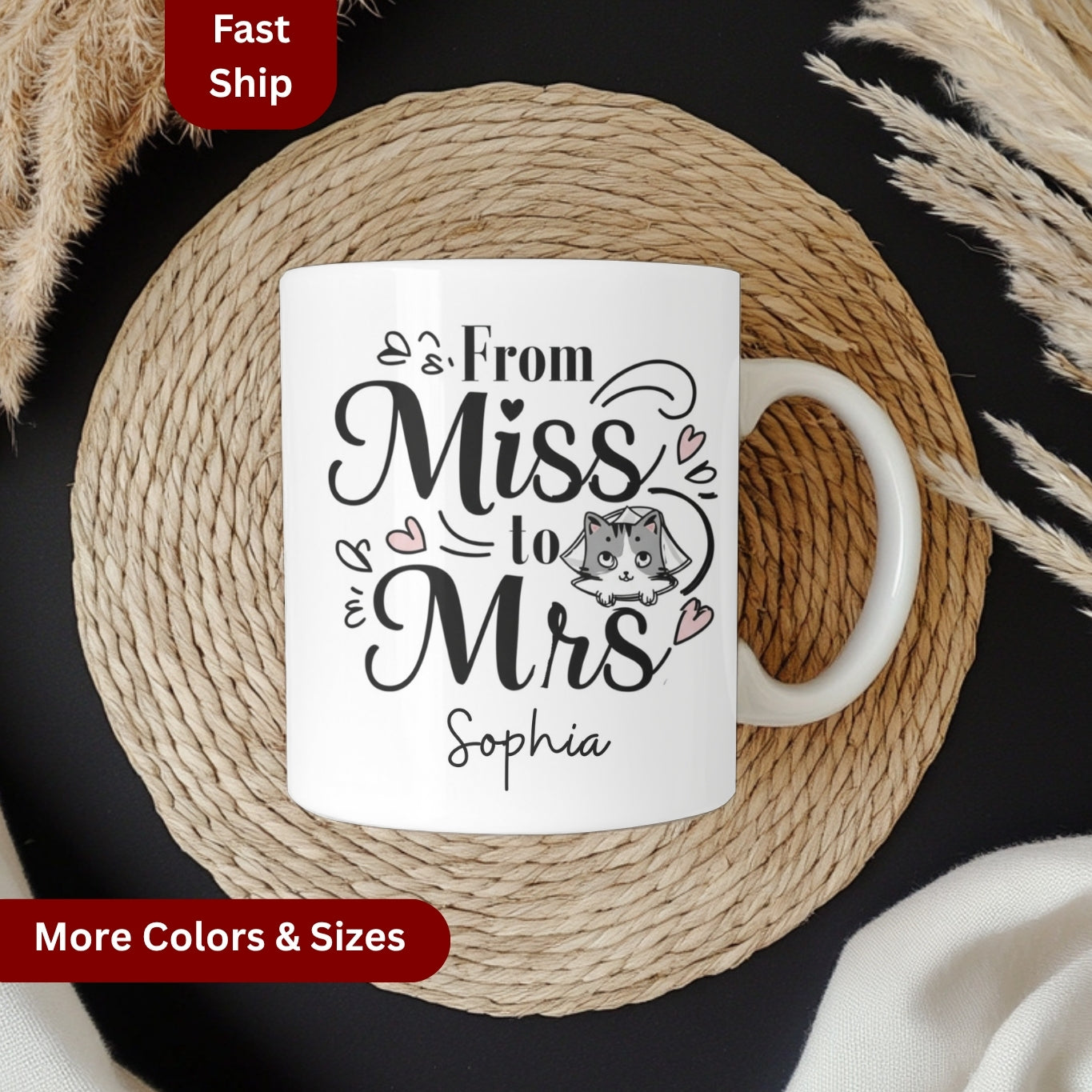 Personalized Future Mrs Mug, Personalised Name Cat Mug Gift Bride to Be, Bridal Shower Gift, Wedding Mug, Custom Name Fiance Coffee Cup