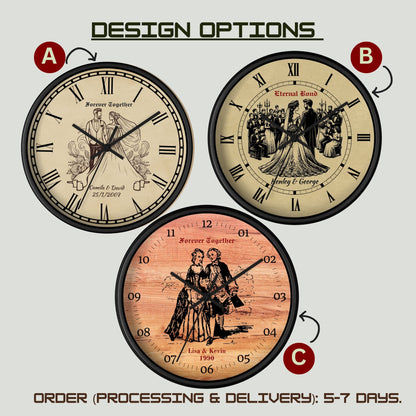 Personalized Anniversary Wall Clock – Custom Name & Year Wooden Clock with Vintage Couple Design – Romantic Wedding Gift.