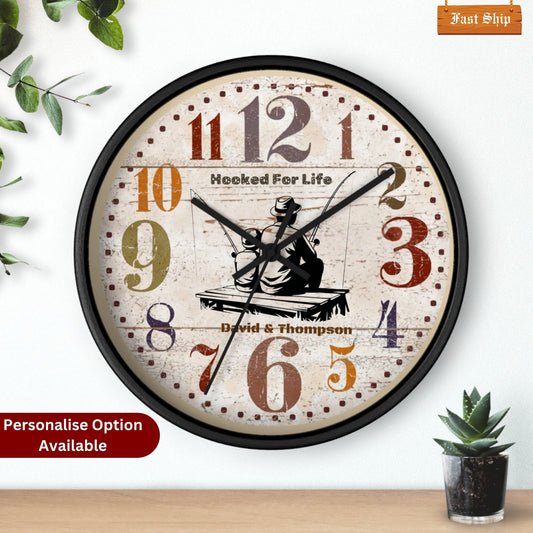 Personalized Father Son Fishing Wall Clock – Rustic Wooden Clock, Hooked for Life Gift, Custom Names, Dad & Son Keepsake, Father’s Day Gift