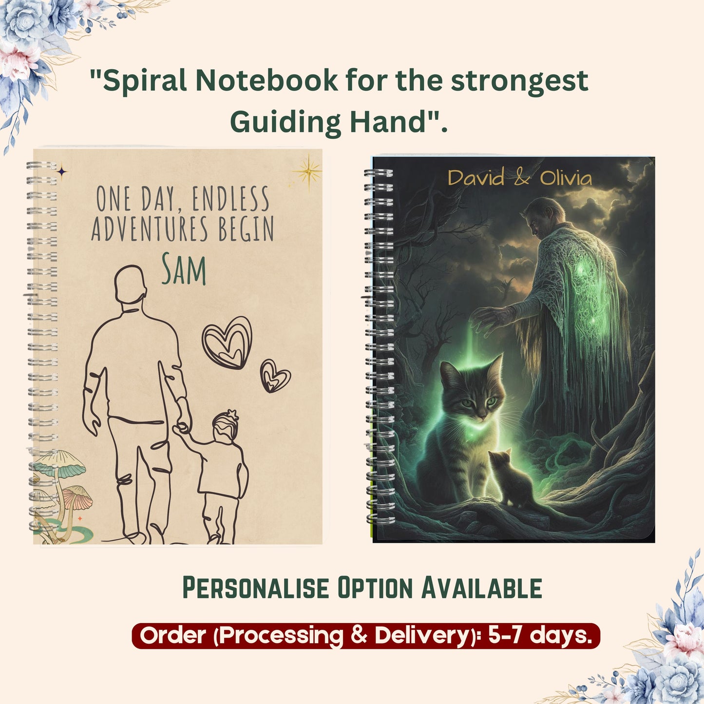 Custom Spiral Notebook, Personalized Name Journal, Floral Diary, Daily Gratitude Journal, Unique Gift for Dad, Father’s Day Present