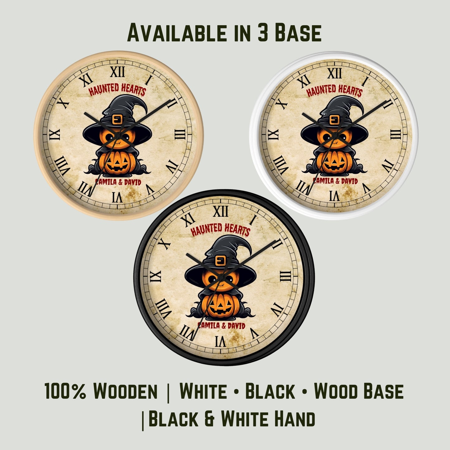 Personalized Halloween Wooden Wall Clock with Pumpkins Witch Design . Custom Couple names, spooky fall décor & unique gift idea for Couples