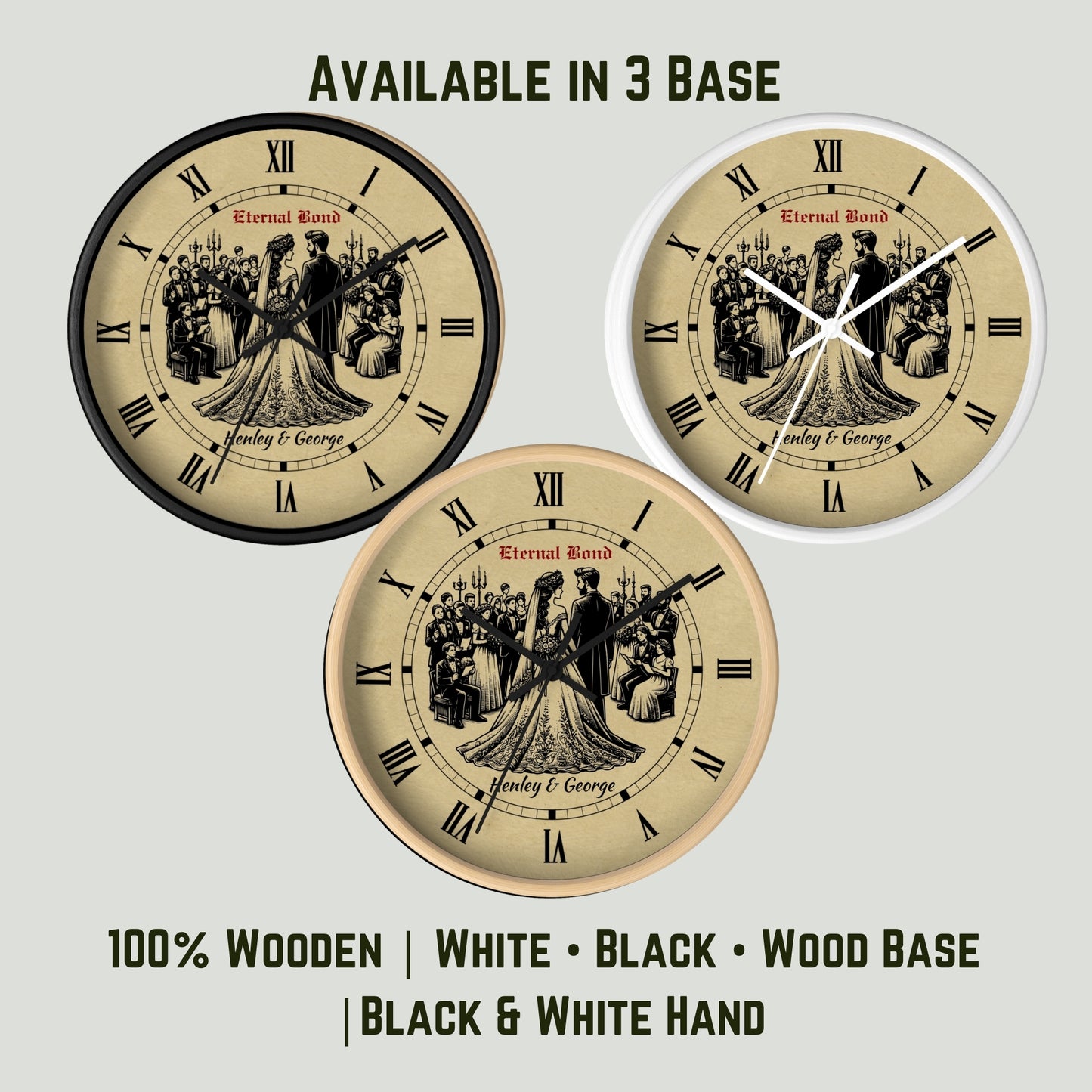 Personalized Wedding Wall Clock – Custom Name Wooden Clock with Bride & Groom Design – Unique Anniversary Gift, Newlywed Home Decor