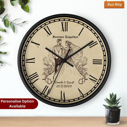 Personalized Anniversary Wall Clock – Custom Name & Year Wooden Clock with Vintage Couple Design – Romantic Wedding Gift.