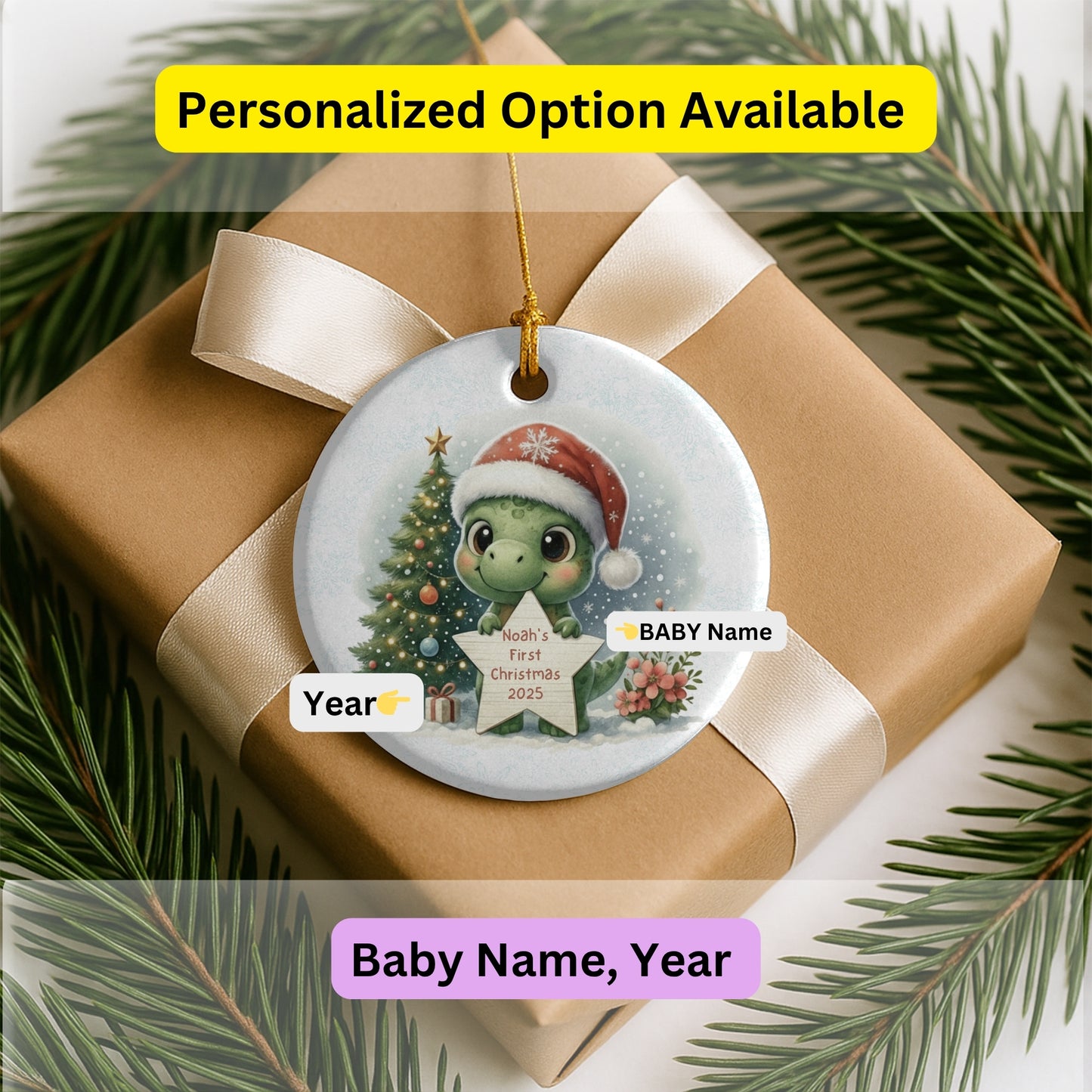 Baby T-Rex Christmas Ornament Baby Dinosaur Ornament Baby's First Christmas 2025 Name Ornament Personalized Dinosaur Gift