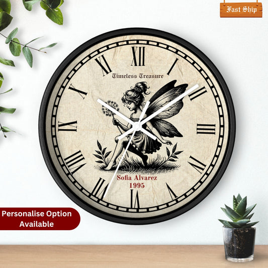 Personalized Fairy Wall Clock – Custom Name & Year, Vintage Wooden Clock , Unique Gift for Kids, Daughter, Birthday or Nursery Decor