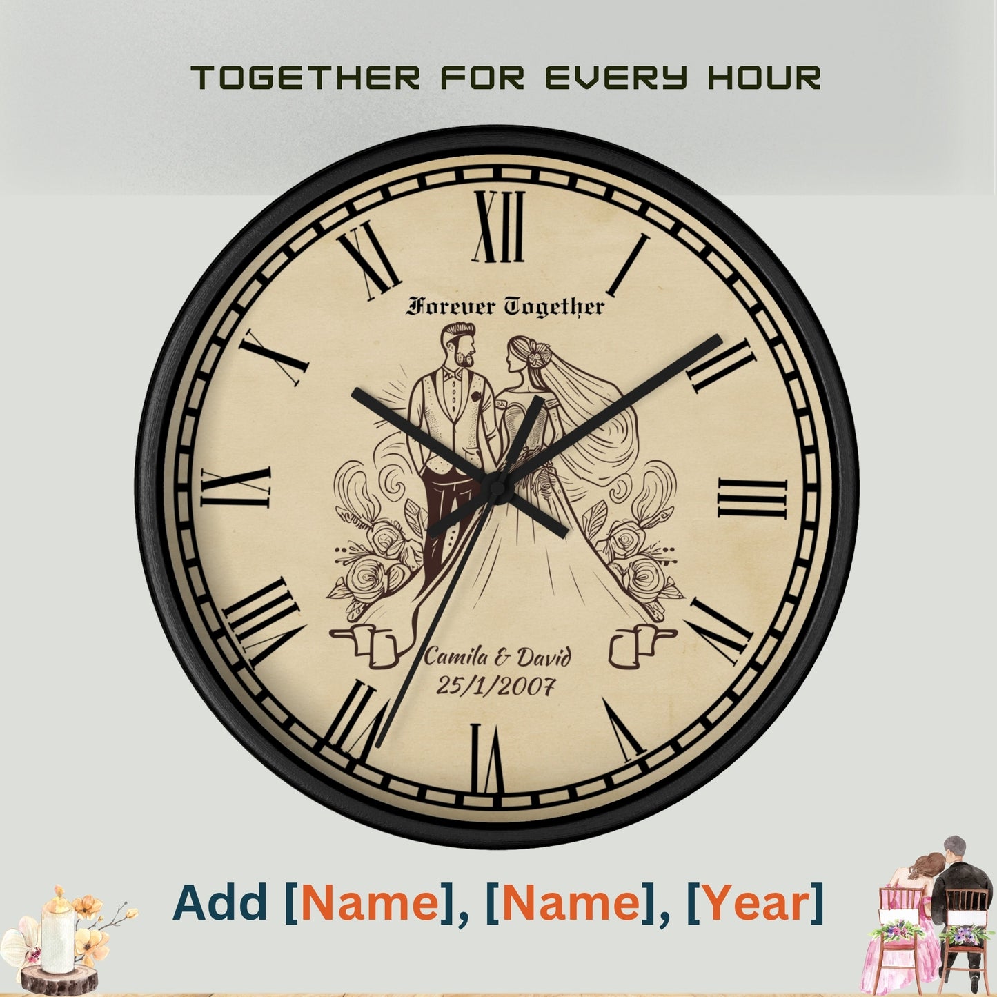 Personalized Anniversary Wall Clock – Custom Name & Year Wooden Clock with Vintage Couple Design – Romantic Wedding Gift.