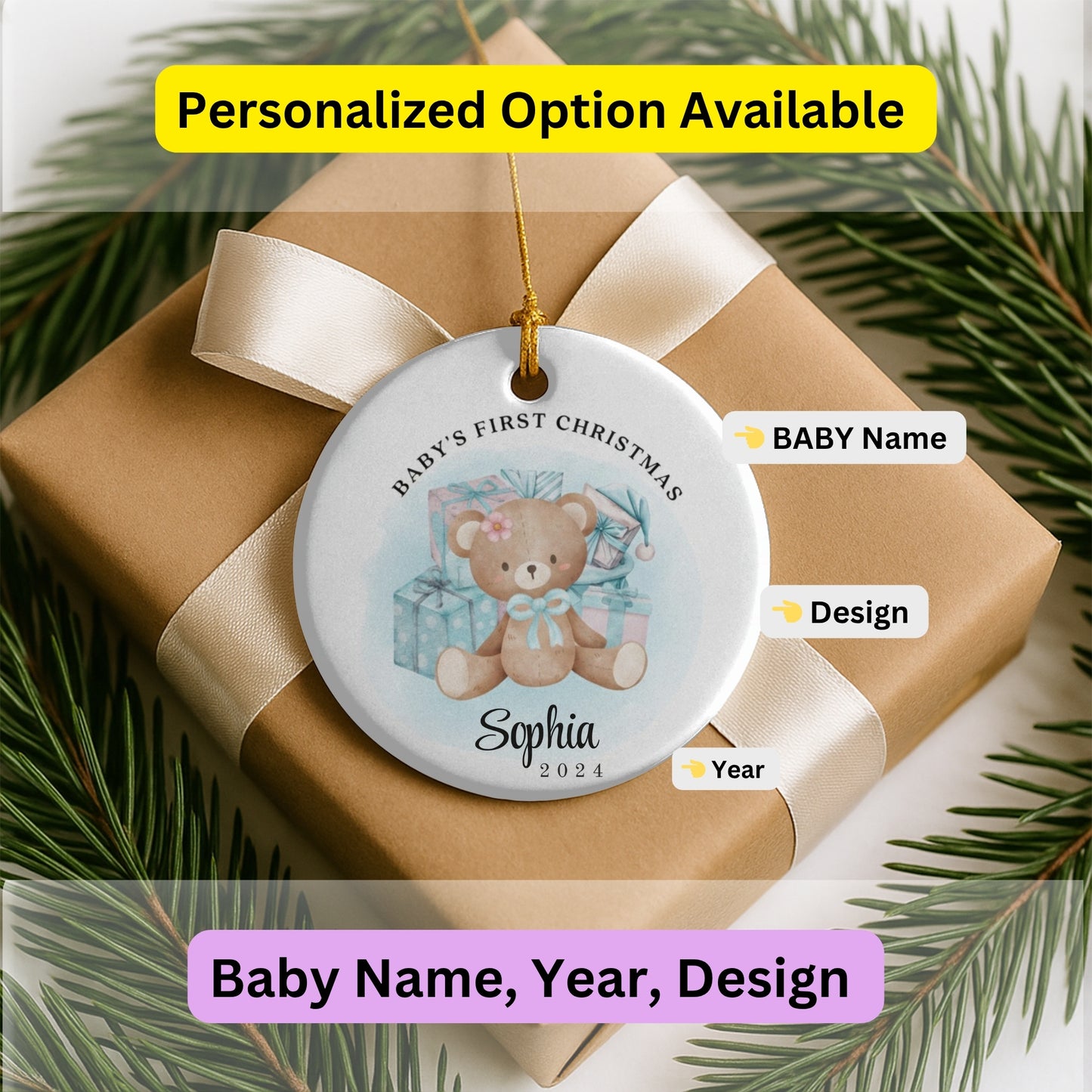 Baby's First Christmas Teddy Bear Bauble | Personalised Xmas New Arrival Ceramic Hanging Tree Decoration | Name, Custom Colours