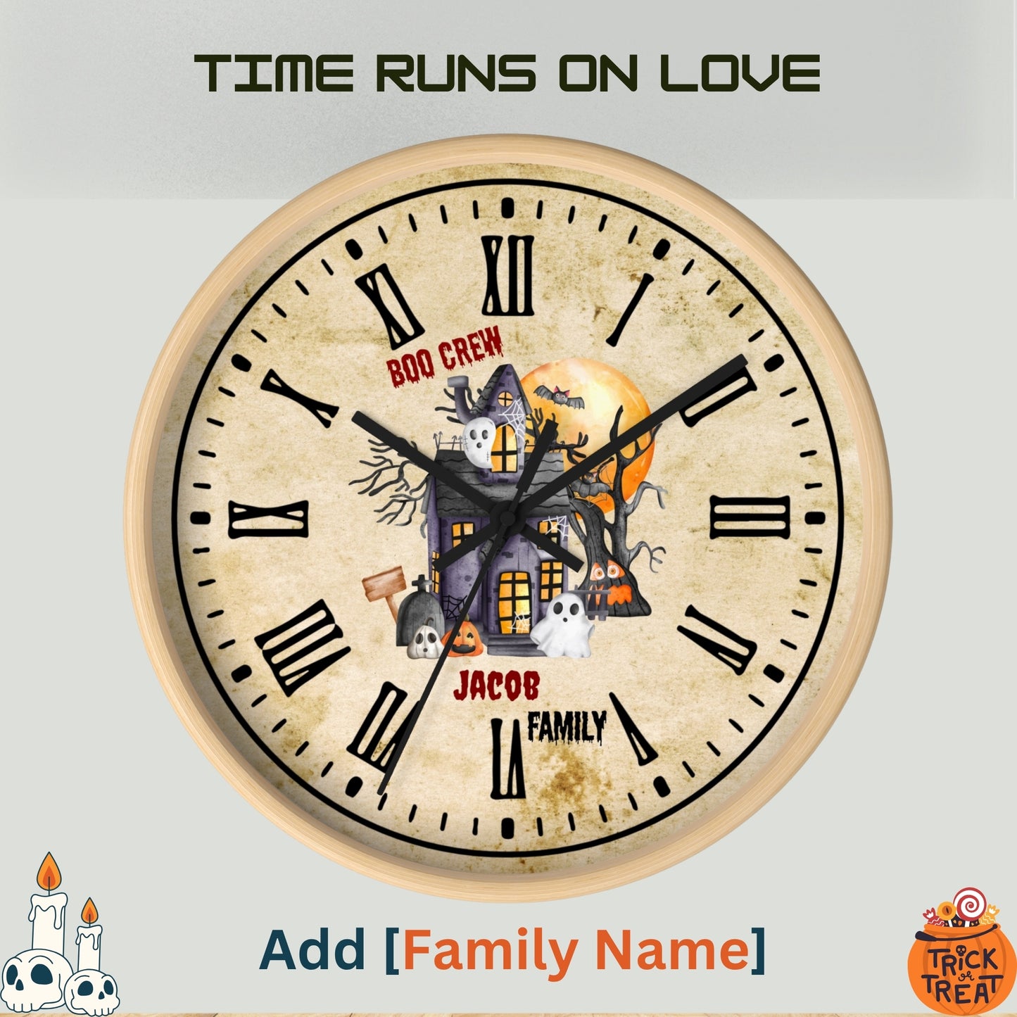 Personalized Halloween Wooden Wall Clock – Haunted House Ghost Boo Crew Family Name Clock, Spooky Fall Home Decor, Custom Gift
