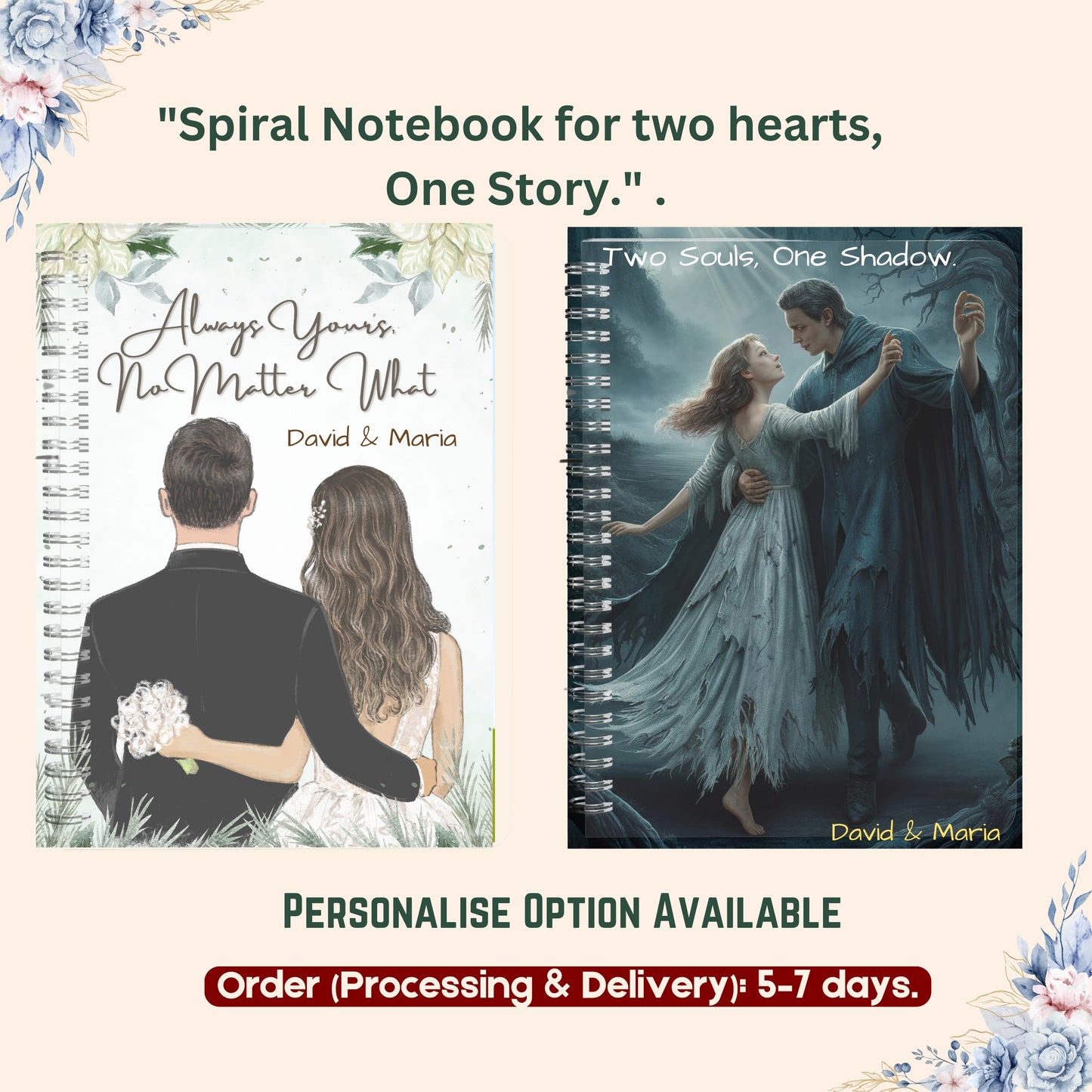 Custom Couple’s Spiral Notebook – Personalized Name Journal,Valentine’s Day Gift for Husband Wife,Wedding Engagement Anniversary Memory Book