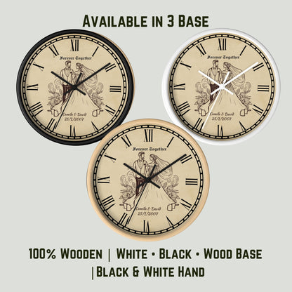 Personalized Anniversary Wall Clock – Custom Name & Year Wooden Clock with Vintage Couple Design – Romantic Wedding Gift.