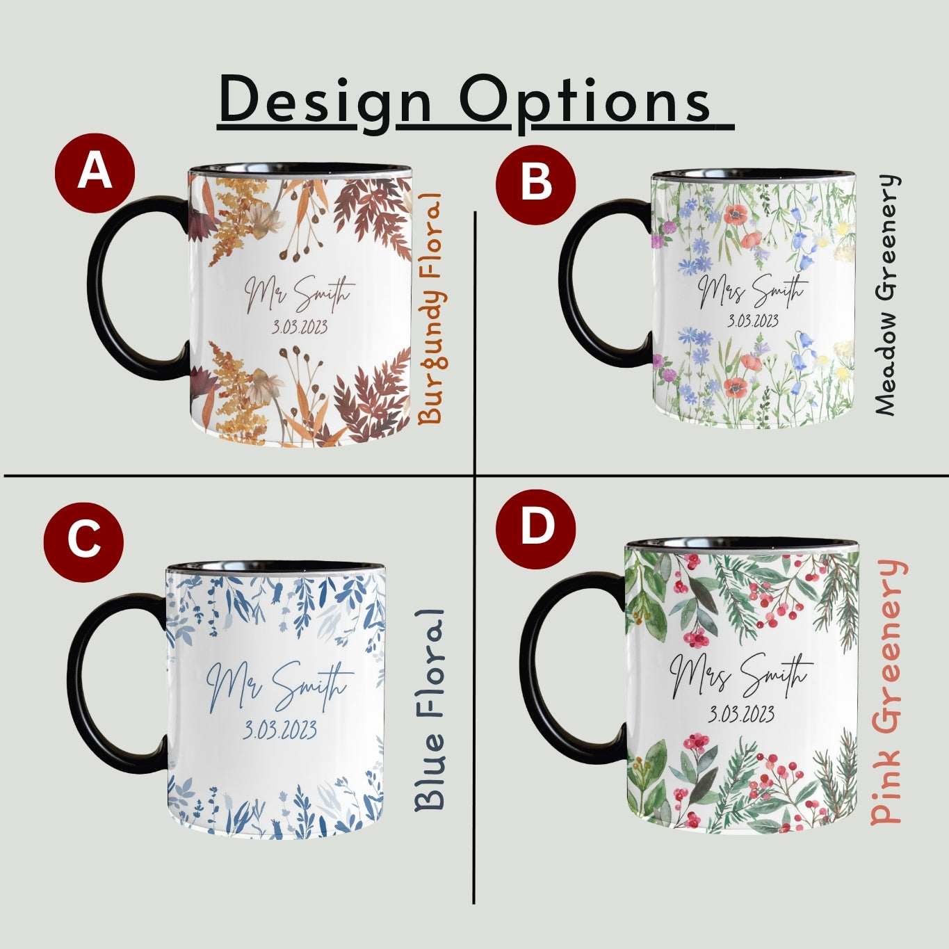 Personalised Wedding gift Mr & Mrs Bride Groom Just Married Gift Mug Greenery Wreath Gift set Ceramic Mug Tea mug coffee Mug Gift mug