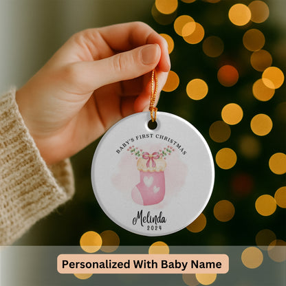 Personalized Baby’s First Christmas Ornament 2025, Custom Ceramic Ornament with Name, Cute Baby Sock Design, Newborn Keepsake Holiday Gifts