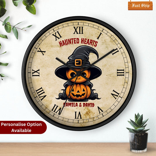 Personalized Halloween Wooden Wall Clock with Pumpkins Witch Design . Custom Couple names, spooky fall décor & unique gift idea for Couples