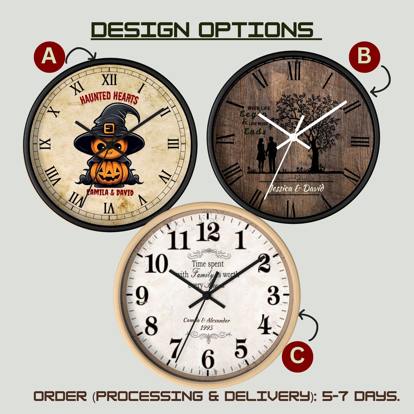 Personalized Halloween Wooden Wall Clock with Pumpkins Witch Design . Custom Couple names, spooky fall décor & unique gift idea for Couples