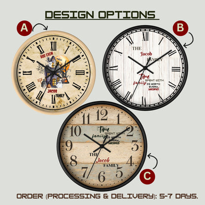 Personalized Halloween Wooden Wall Clock – Haunted House Ghost Boo Crew Family Name Clock, Spooky Fall Home Decor, Custom Gift