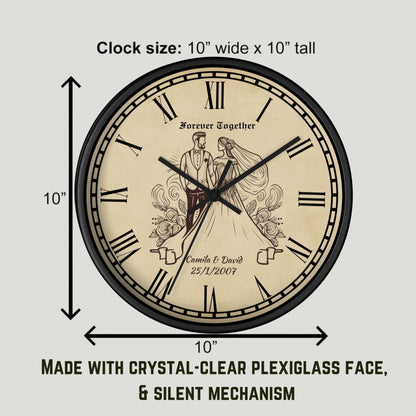 Personalized Anniversary Wall Clock – Custom Name & Year Wooden Clock with Vintage Couple Design – Romantic Wedding Gift.