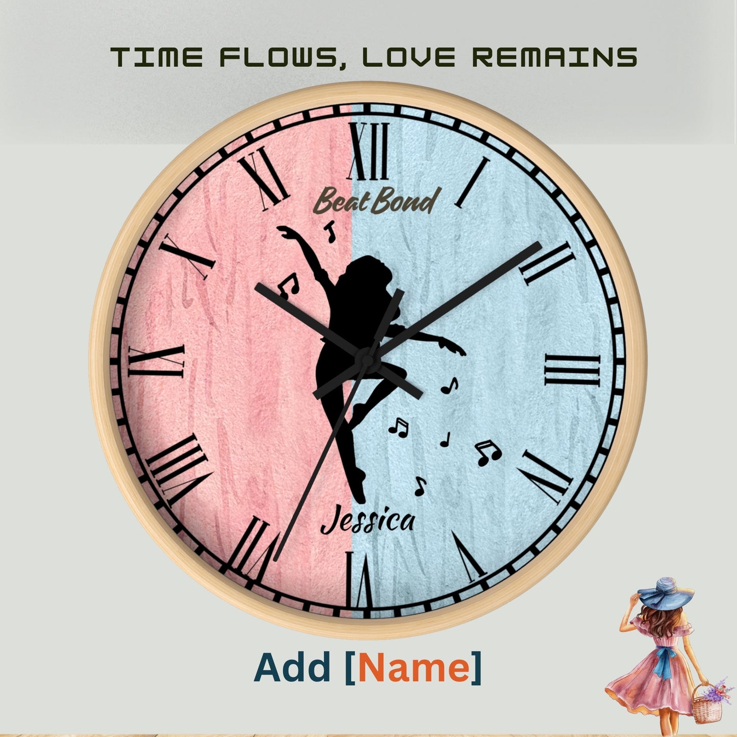 Personalized Dance Wall Clock – Custom Name Wooden Clock with Ballerina Silhouette, Roman Numerals – Gift for Daughter, Dancer, Birthday