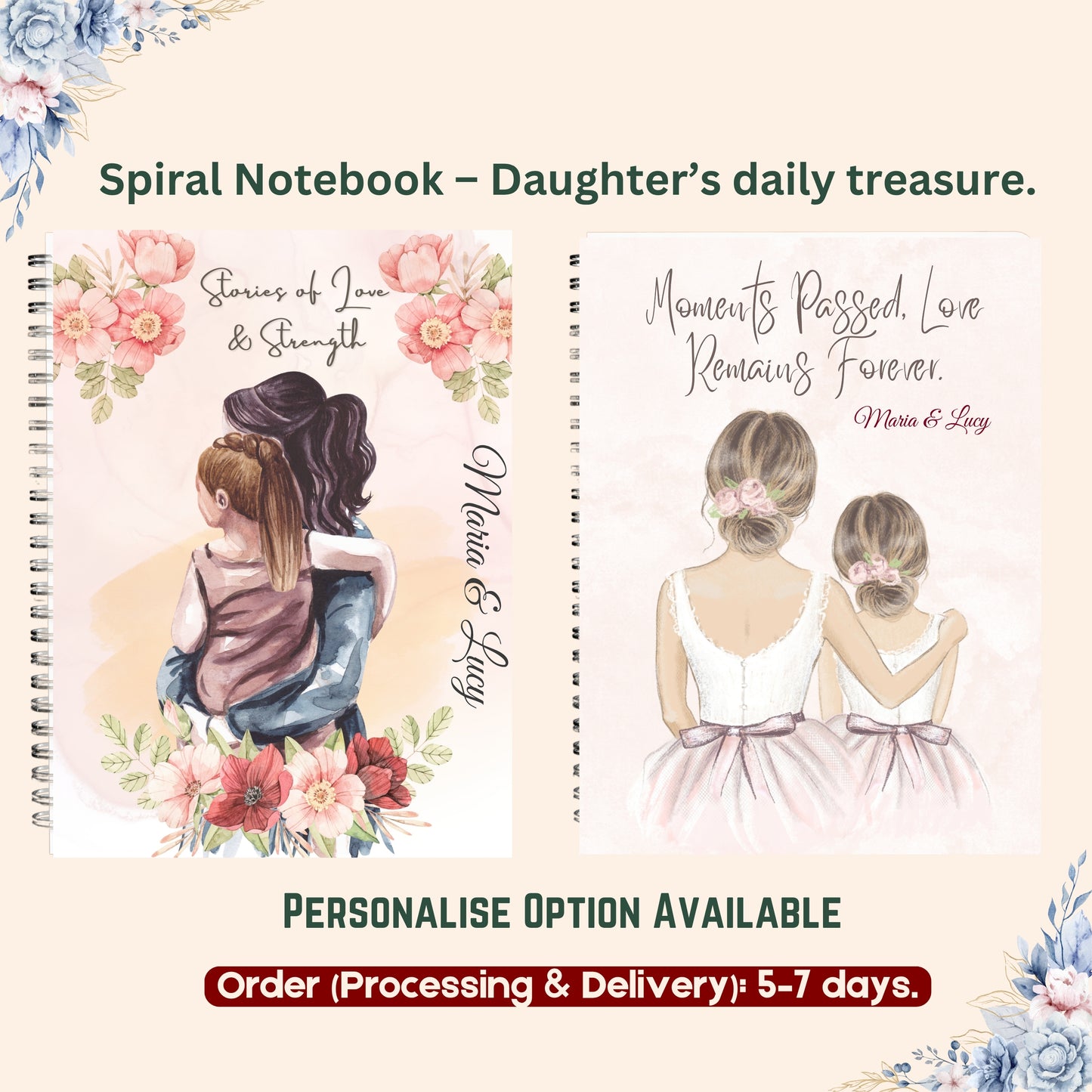 Personalized Spiral Notebook, Custom Name Journal, Floral Diary, Gratitude Journal, Personalized Gift for Daughter Niece or Cousin