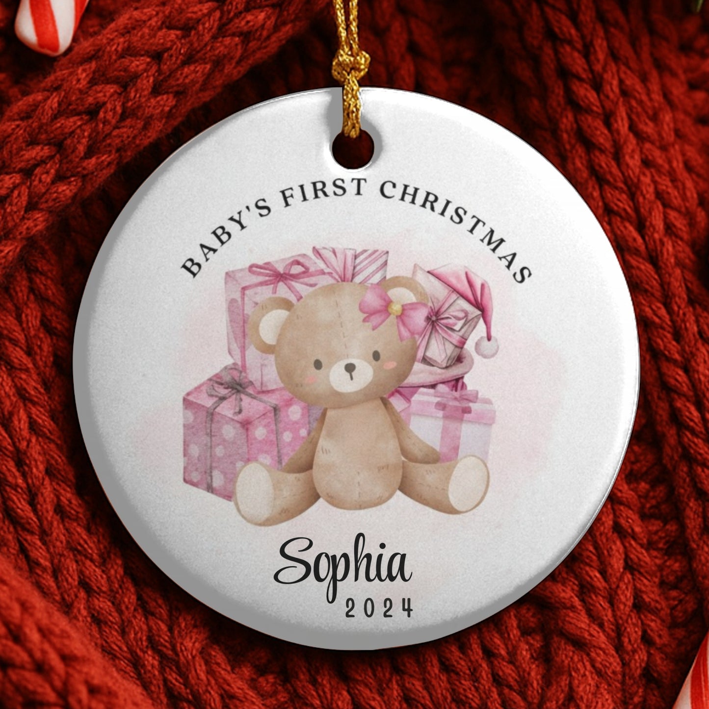 Baby's First Christmas Teddy Bear Bauble | Personalised Xmas New Arrival Ceramic Hanging Tree Decoration | Name, Custom Colours