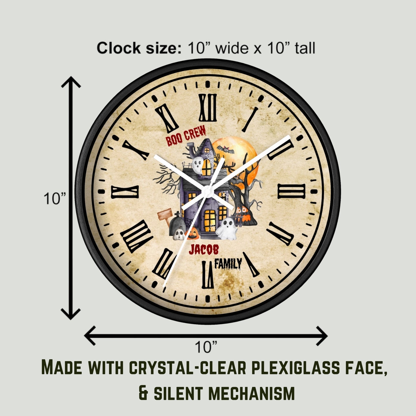 Personalized Halloween Wooden Wall Clock – Haunted House Ghost Boo Crew Family Name Clock, Spooky Fall Home Decor, Custom Gift