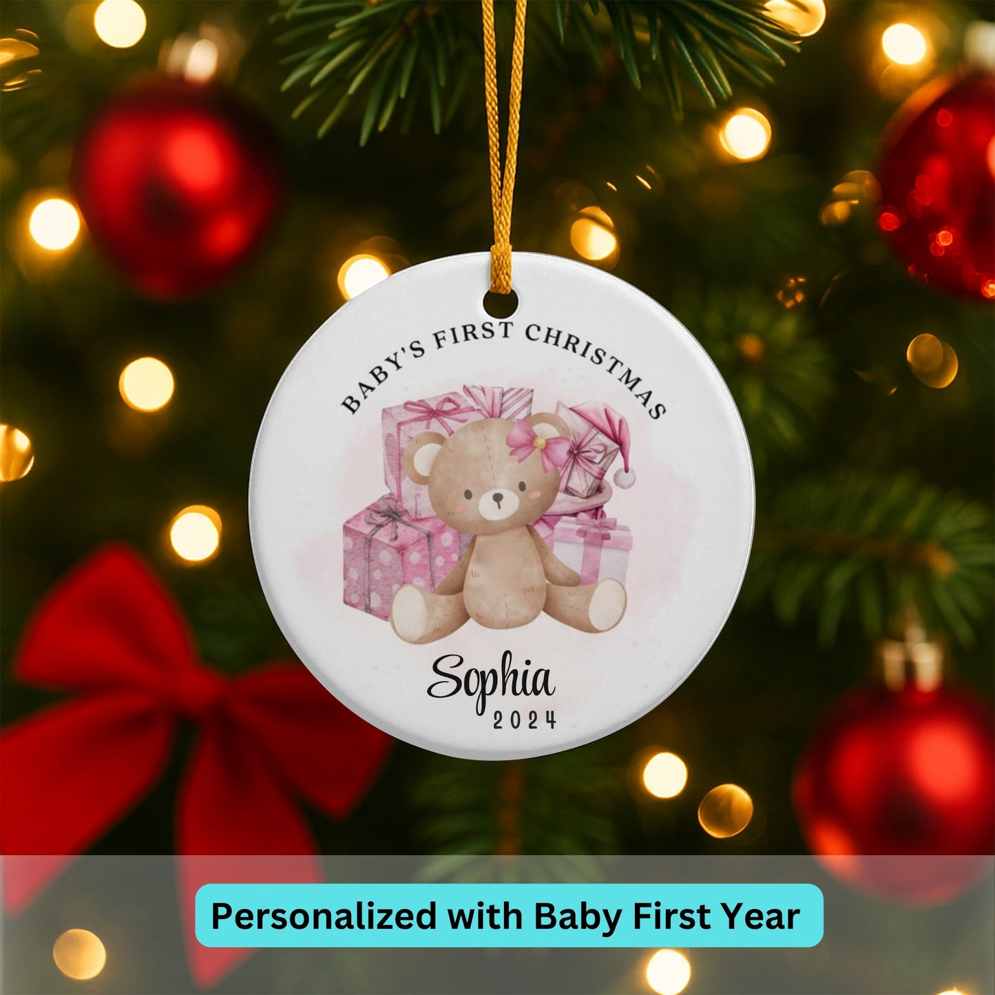 Baby's First Christmas Teddy Bear Bauble | Personalised Xmas New Arrival Ceramic Hanging Tree Decoration | Name, Custom Colours