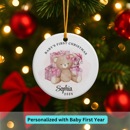 Baby's First Christmas Teddy Bear Bauble | Personalised Xmas New Arrival Ceramic Hanging Tree Decoration | Name, Custom Colours