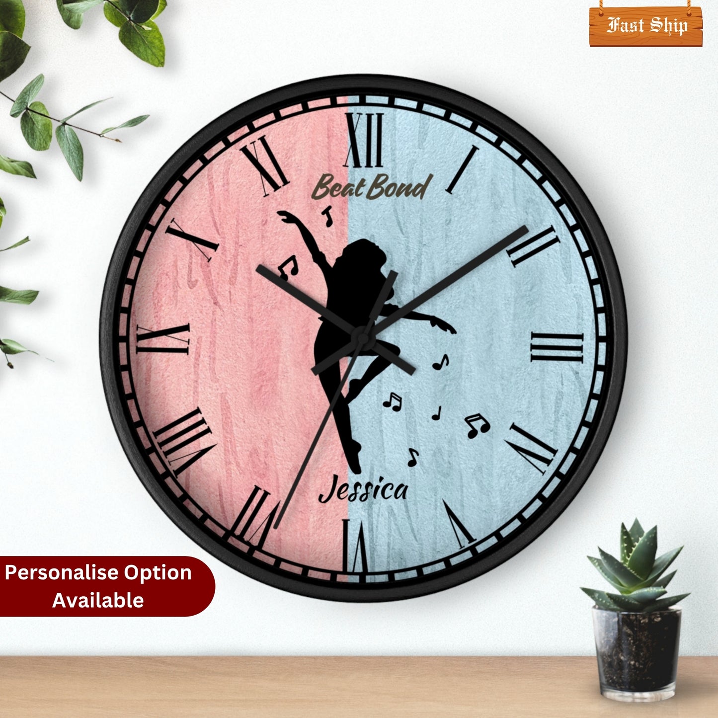 Personalized Dance Wall Clock – Custom Name Wooden Clock with Ballerina Silhouette, Roman Numerals – Gift for Daughter, Dancer, Birthday