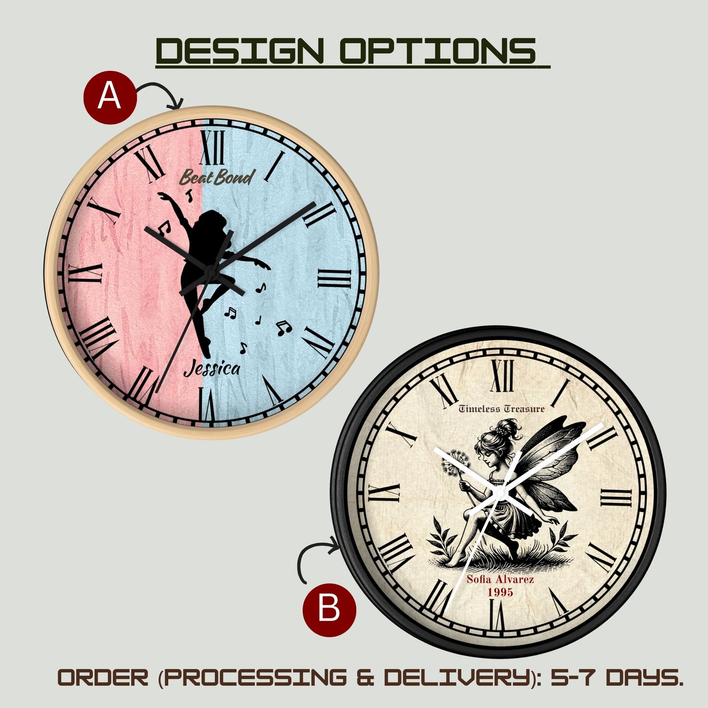 Personalized Dance Wall Clock – Custom Name Wooden Clock with Ballerina Silhouette, Roman Numerals – Gift for Daughter, Dancer, Birthday