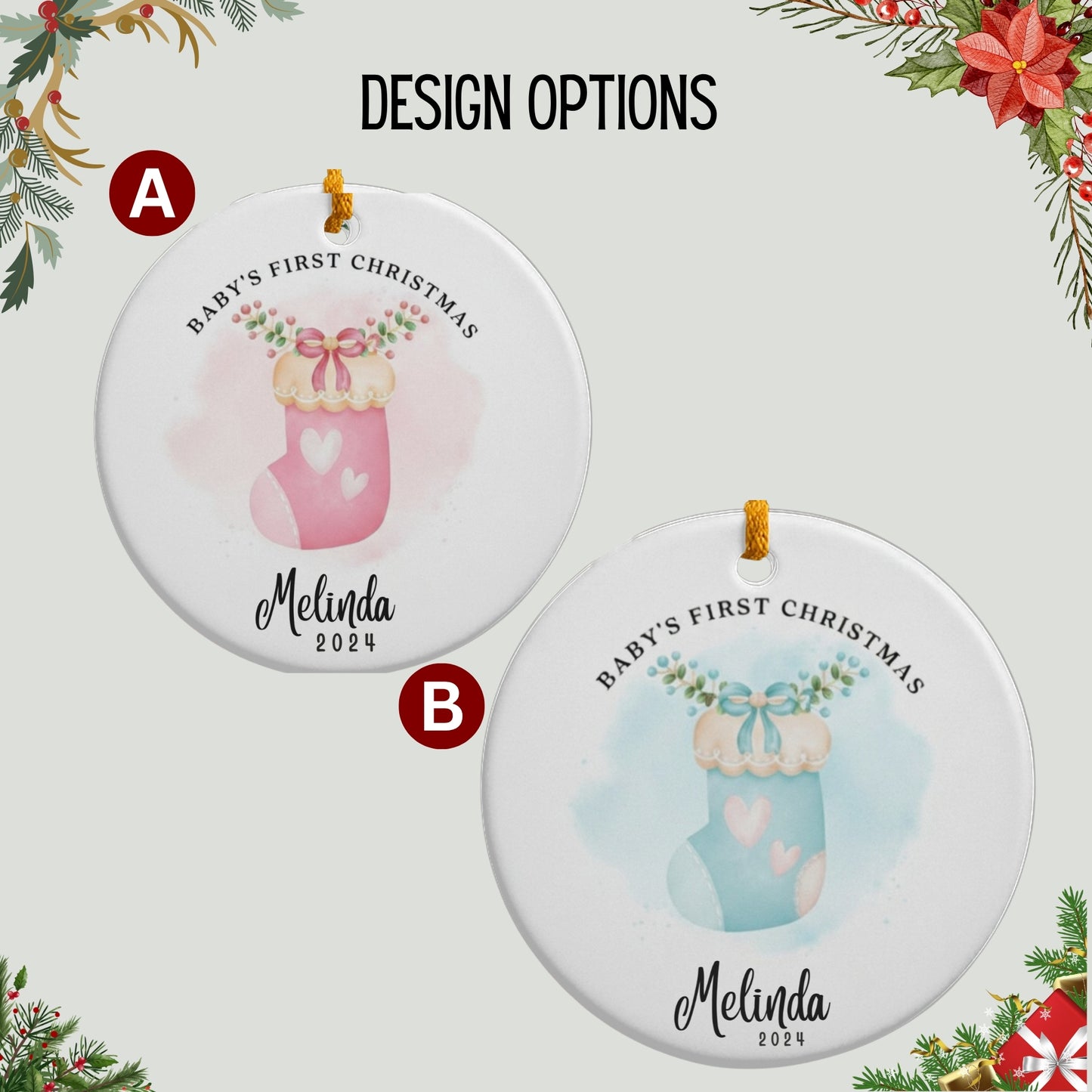 Personalized Baby’s First Christmas Ornament 2025, Custom Ceramic Ornament with Name, Cute Baby Sock Design, Newborn Keepsake Holiday Gifts