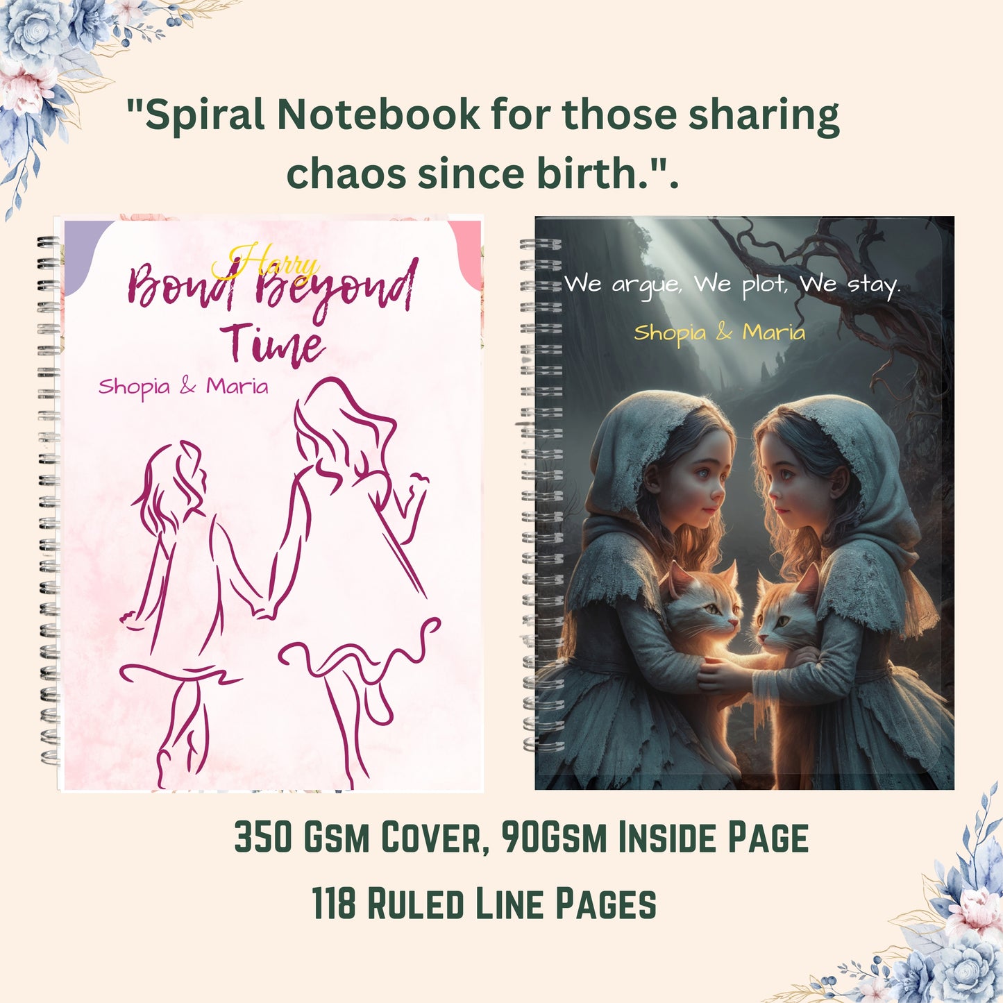 Personalized Spiral Notebook, Custom Name Journal, Floral Diary, Gratitude Journal, Personalized Gift for Sister Friend or Coworker