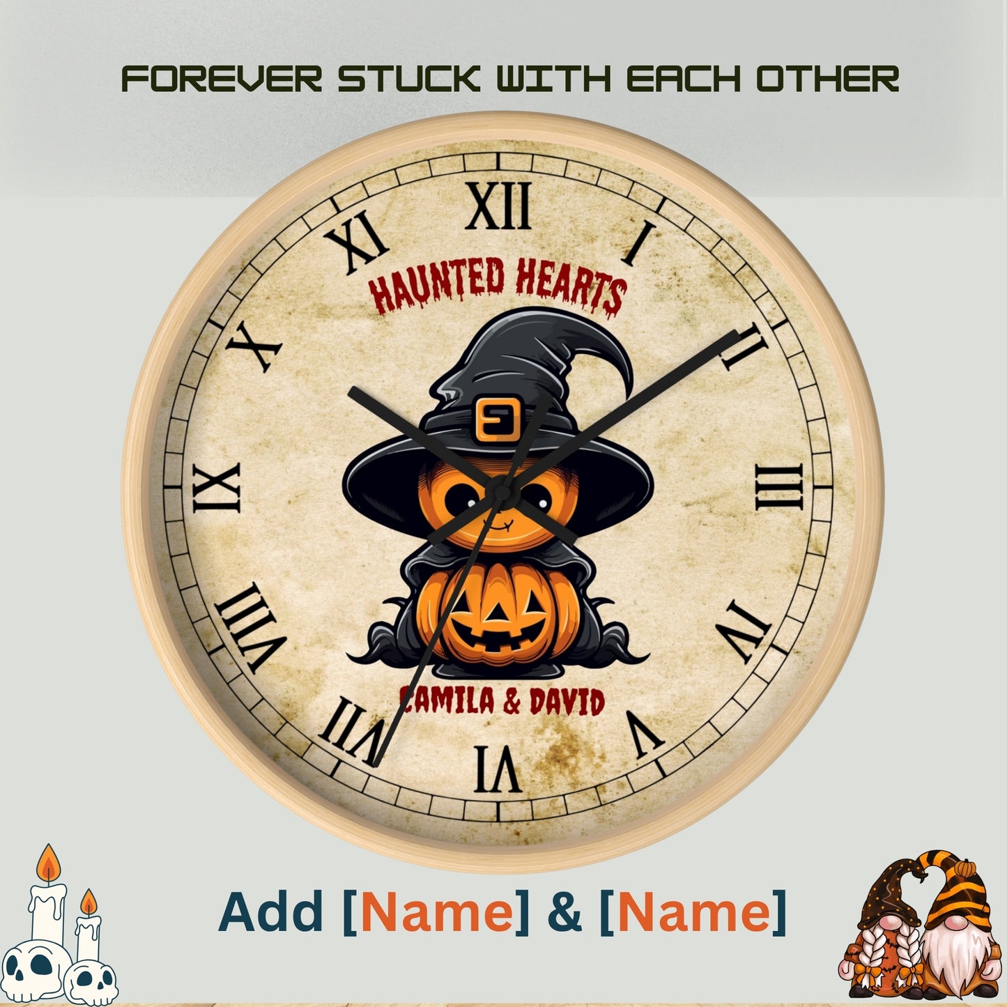 Personalized Halloween Wooden Wall Clock with Pumpkins Witch Design . Custom Couple names, spooky fall décor & unique gift idea for Couples