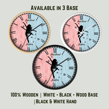 Personalized Dance Wall Clock – Custom Name Wooden Clock with Ballerina Silhouette, Roman Numerals – Gift for Daughter, Dancer, Birthday
