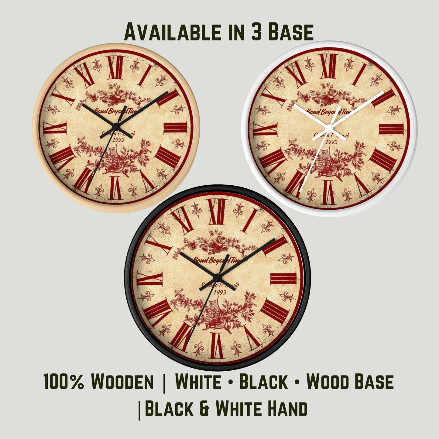 Personalized Vintage Wall Clock – Custom Name & Year Wooden Clock with Roman Numerals Floral Design – Unique Wedding or Anniversary Gift